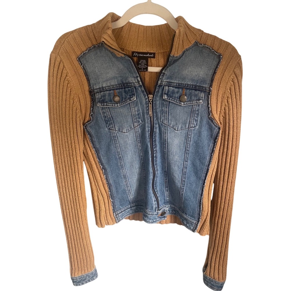 Vintage Y2K Mixed Media Denim Knit Jacket Cropped Ribbed Grunge Sweater S